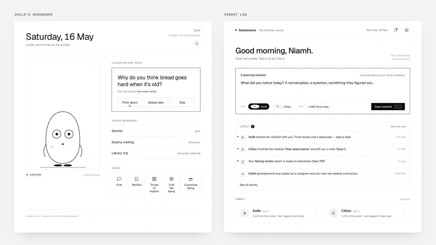 The child's dashboard beside the parent log, calm, side by side